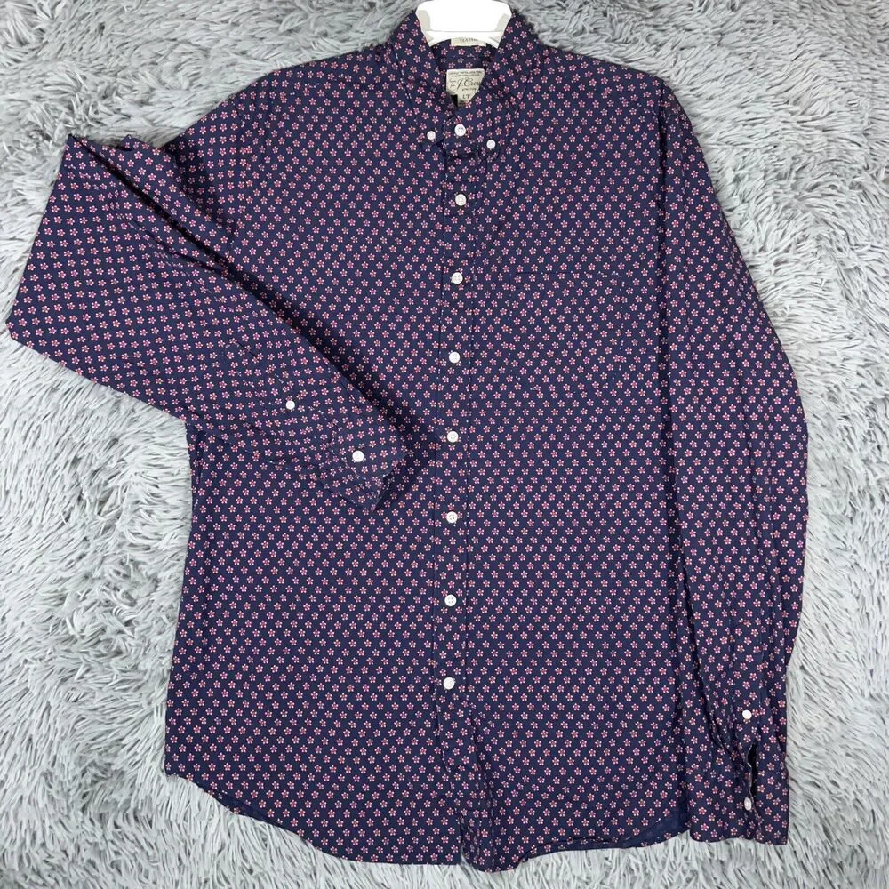 J Crew Adult Shirt Large Tall Blue Red Button Up Floral Stretch Classic Mens